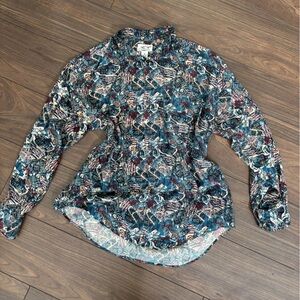 Printed Long Sleeve Blouse - Teal, Burgundy, Cream Pattern